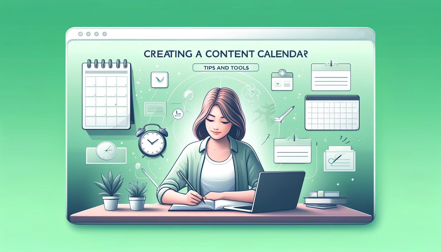 A high-quality horizontal banner for a blog post titled 'Creating a Content Calendar_ Tips and Tools,' featuring a young girl planning