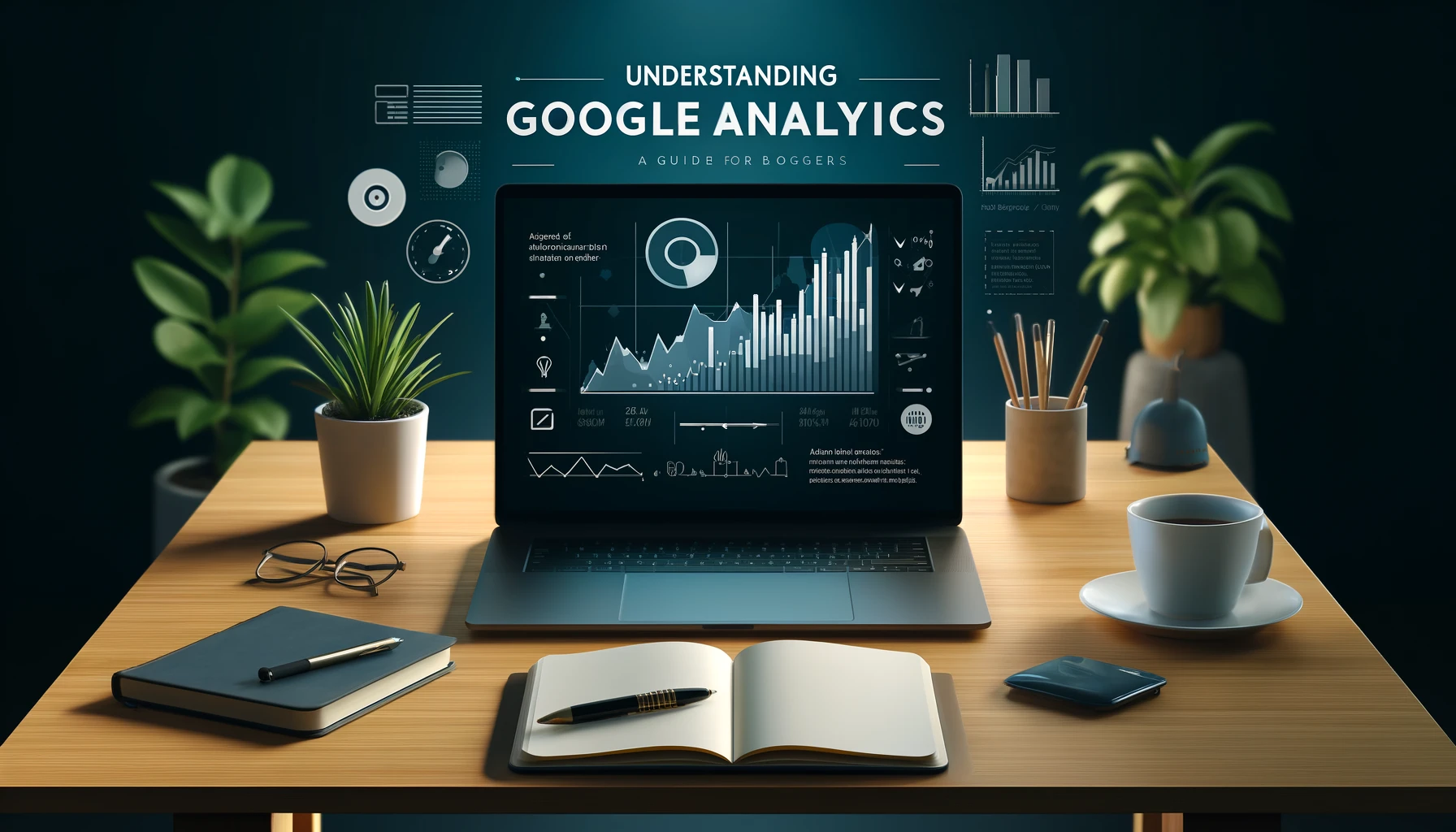 A high-quality horizontal banner for a blog post titled 'Understanding Google Analytics: A Guide for Bloggers,' featuring a modern workspace with a laptop displaying an Analytics graph.